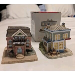Vintage 1990s Americana Village Resin Buildings Library & Hardware Store Set